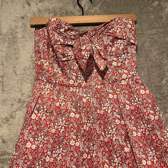 J. Crew Liberty of London Tie Front Strapless Midi Dress Red June’s Meadow Sz 00 - Picture 4 of 7